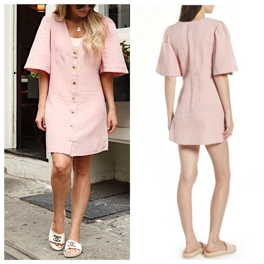 TopShop Linen Blend Dress Size 8 Blush Pink A-line Mini Short Sleeve Summer